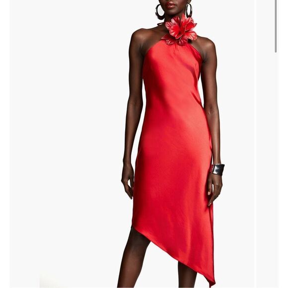Halston Joellen Floral Detail Asymmetric Crushed Satin Halter Dress size 4 NWT